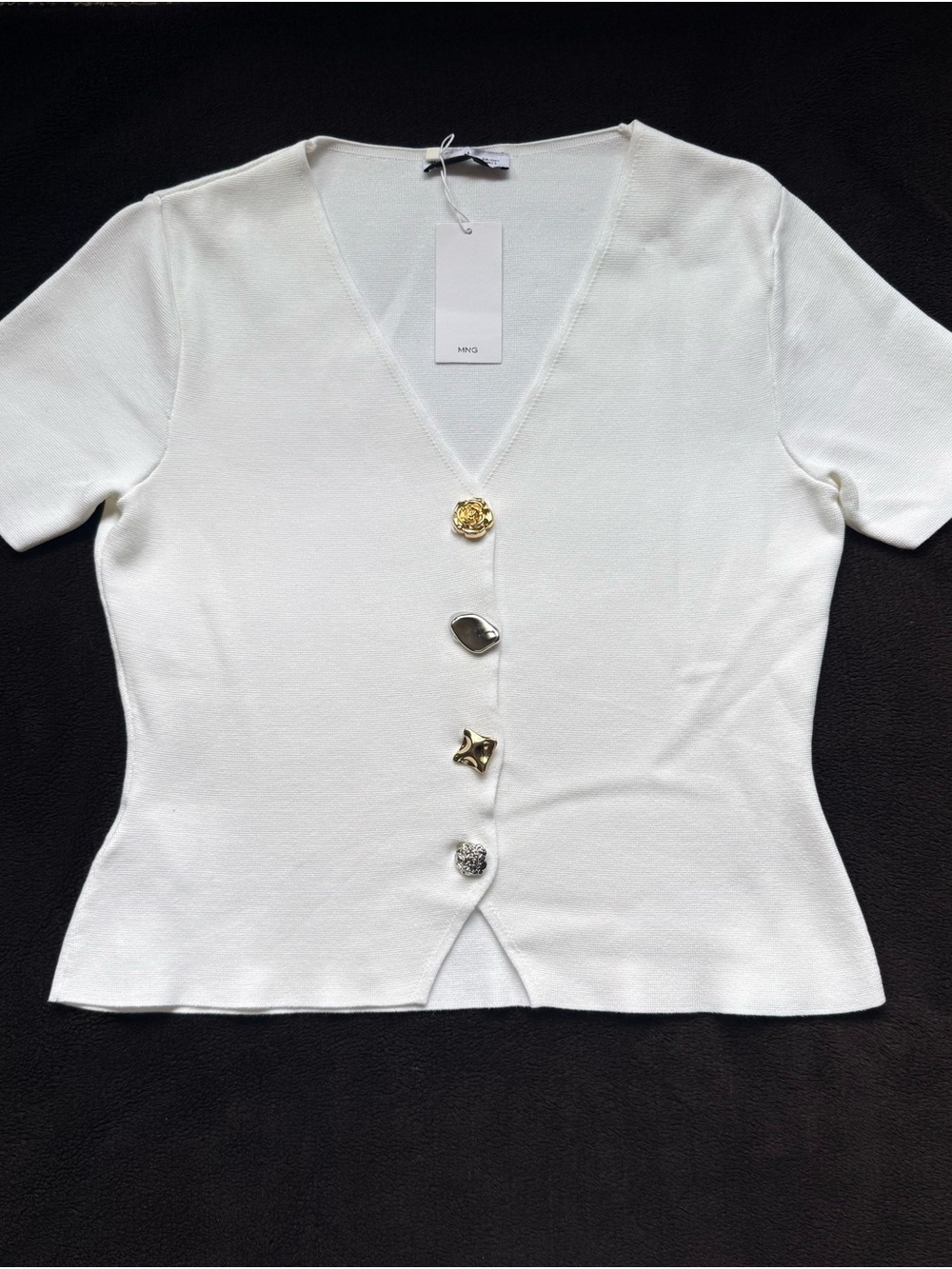 Mango White Knitted Cardigan with Jewel Button